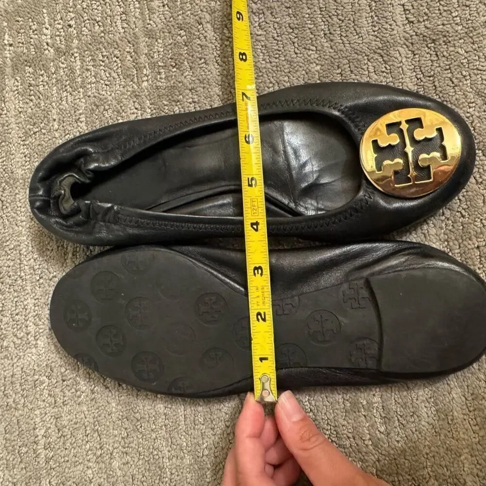 Tory Burch Reva Black Leather Gold Logo USED Ballet Slip On Flats 7.5-8